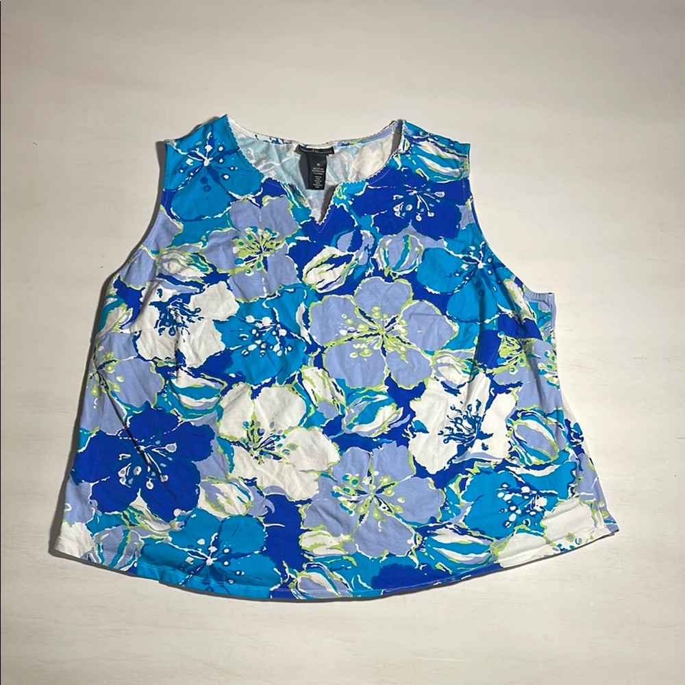 Alfred Dunner Women’s Floral Tank Top 3X Blue Sleeveless Plus Size Summer Beach